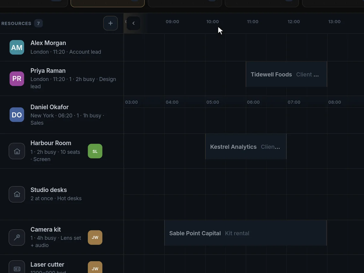 The Engine117 booking board: people, rooms and equipment on one timeline with the week’s bookings.