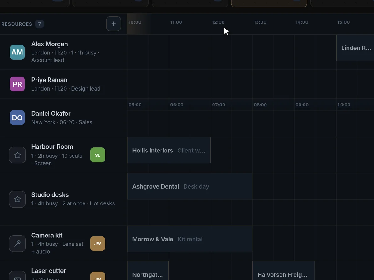Booking a colleague in New York in Engine117: a warning that 05:30 is the middle of the night there, and one click moving it to 09:00 their time.