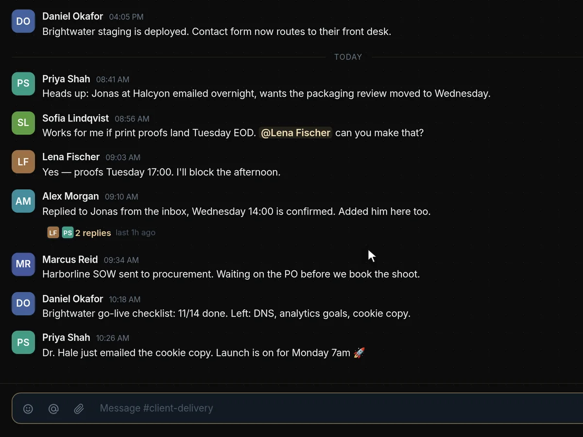 Engine117 Communication: a team channel with the conversation about a client project.