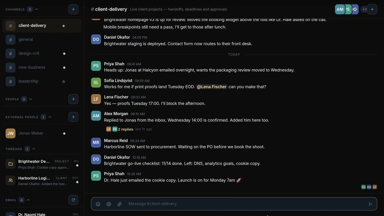 Engine117 Communication: a team channel with the conversation about a client project.