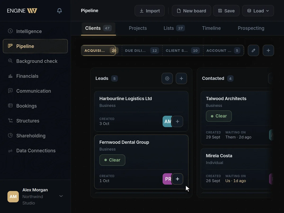 Engine117 with every part of a business in one place: the pipeline, with the sidebar of connected areas.