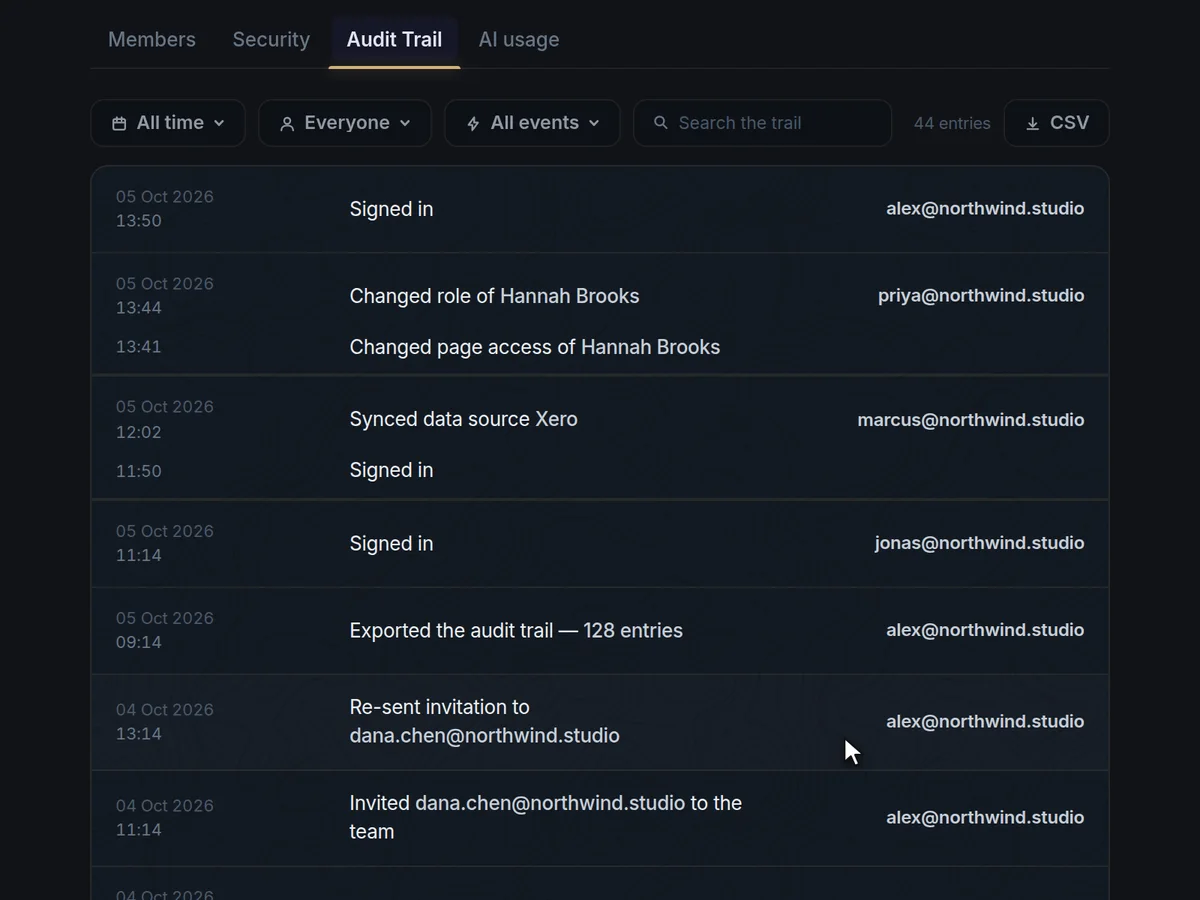 Filtering the Engine117 audit trail to security events: lock-outs, logouts and authenticator set-ups, with who and when.