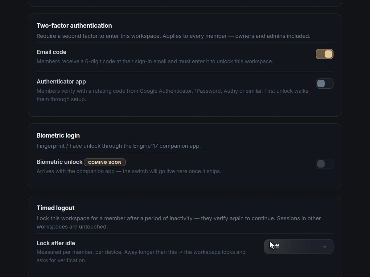 Turning on the authenticator app requirement and a 30-minute idle lock in Engine117 workspace security.